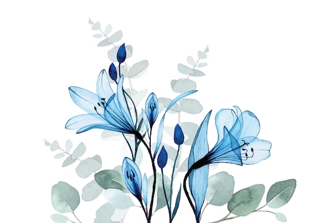 dibujo de acuarela borde sin costuras con flores transparentes y hojas de eucalipto