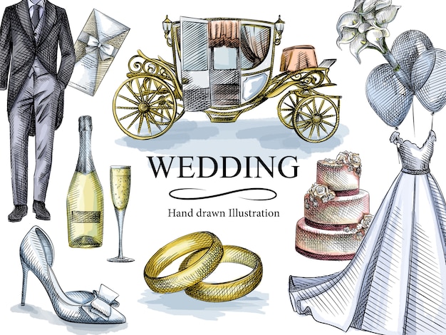 Vector dibujo acuarela colorfu del conjunto de la boda. el conjunto incluye vestido de novia, esmoquin, anillos de compromiso, tarjetas de invitación, pastel de bodas de 3 niveles, champán y una copa, carruaje, flor en el ojal, zapatos de boda