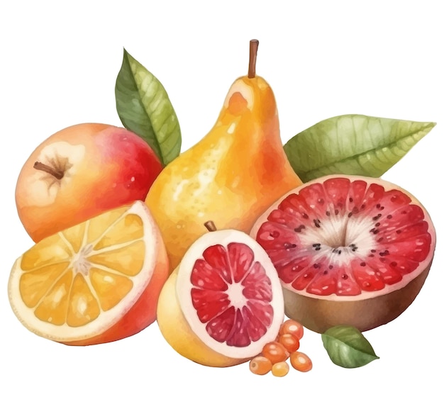 Dibujo acuarela de una fruta y una pera.