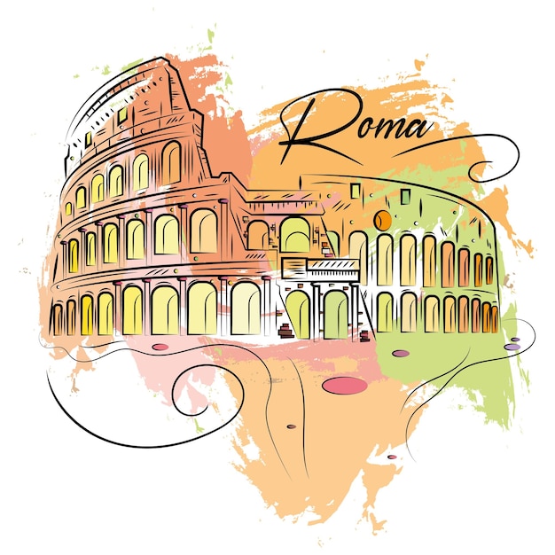 Dibujo acuarela del hito del coliseo de Roma ilustración vectorial