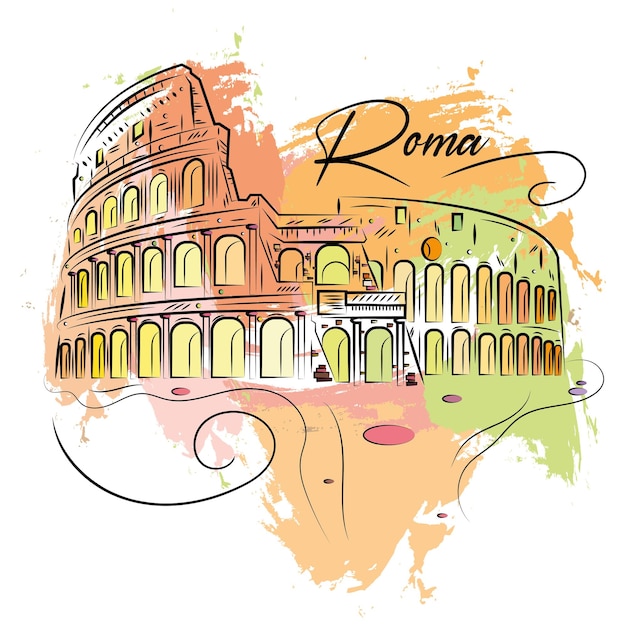 Vector dibujo acuarela del hito del coliseo de roma ilustración vectorial