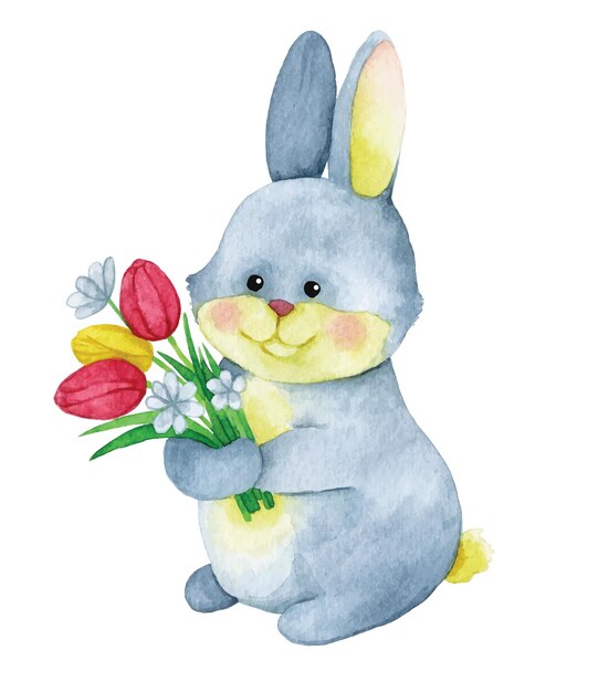 dibujo de acuarela. lindo conejito de pascua con un ramo de flores de primavera. gracioso personaje liebre, conejo