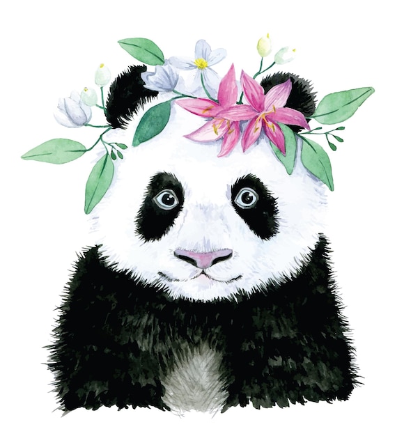 Dibujo de acuarela lindo panda pequeño con una corona de flores y hojas dibujo de dibujos animados de retrato