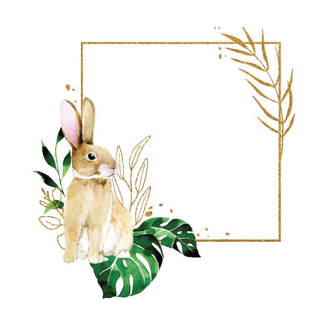 dibujo de acuarela marco dorado para pascua marco cuadrado dorado con conejito de pascua y verde tropical