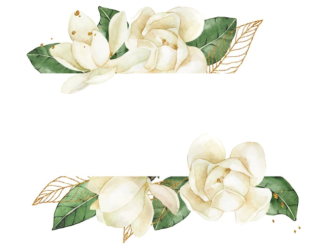 dibujo de acuarela. marco rectangular con flores blancas y hojas de magnolia y elementos dorados.