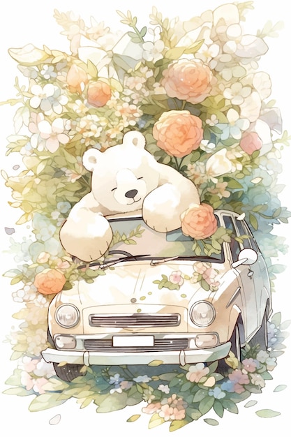 Un dibujo de acuarela de un oso polar en un coche.