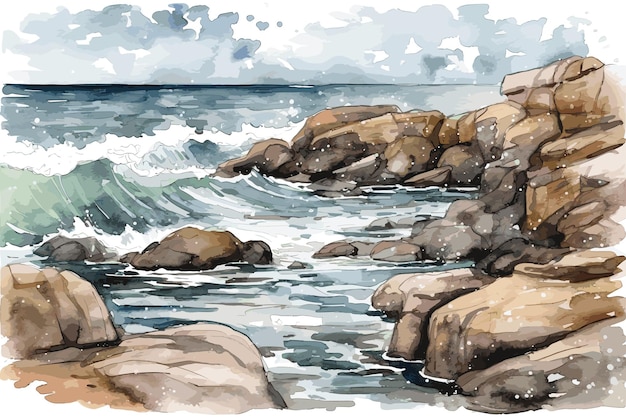 Vector dibujo de acuarela paisaje marino con rocas y olas ilustración dibujada a mano