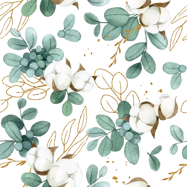 dibujo de acuarela. patrón impecable con hojas de eucalipto doradas y flores de algodón en un blanco