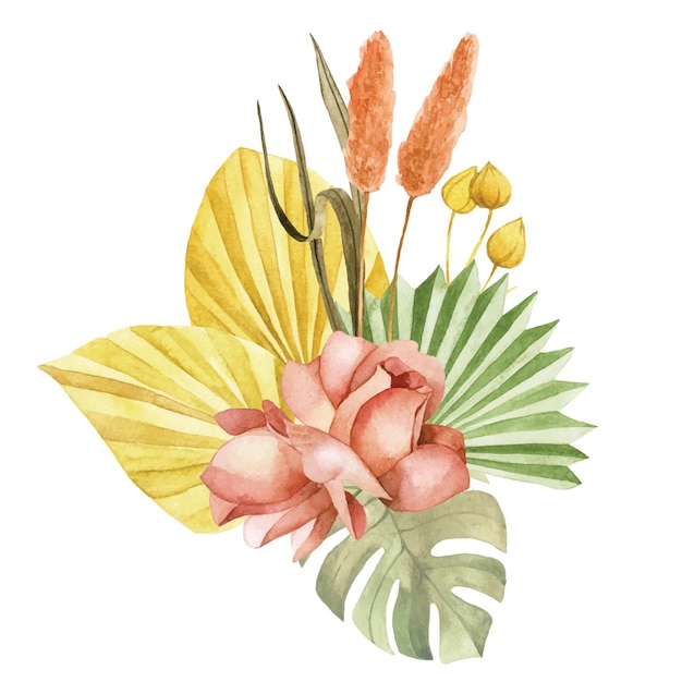 dibujo de acuarela. ramo de flores y hojas tropicales secas. composición boho hojas de palma