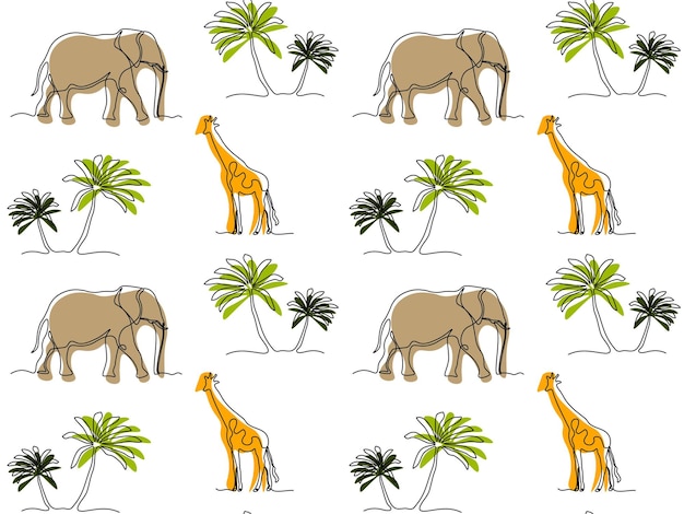 dibujo africano sin costuras con una línea continua de arte con palmeras elefantes jirafas