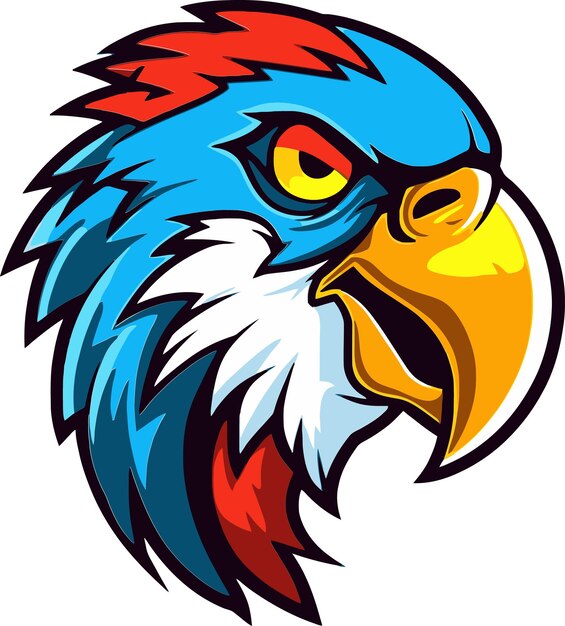 un dibujo de un águila con un pico azul y rojo