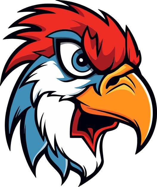 un dibujo de un águila roja y azul con un pico rojo y azul