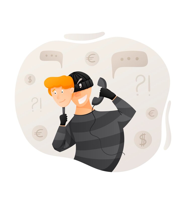 Vector dibujo aislado de dibujos animados vectoriales de llamar a un estafador masculino astuto que usa pasamontañas. fraude en línea o por teléfono, concepto de ciberdelito.