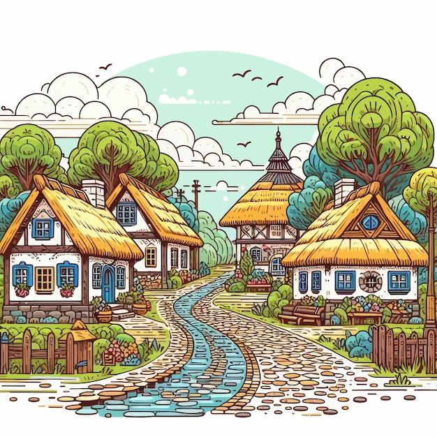 Vector un dibujo de una aldea con una casa y árboles