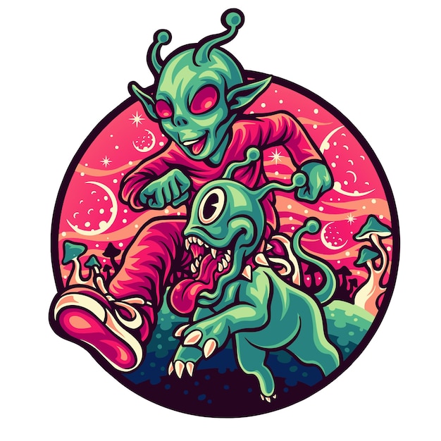 un dibujo de un alienígena verde sentado en una caja con la palabra alienígena en él