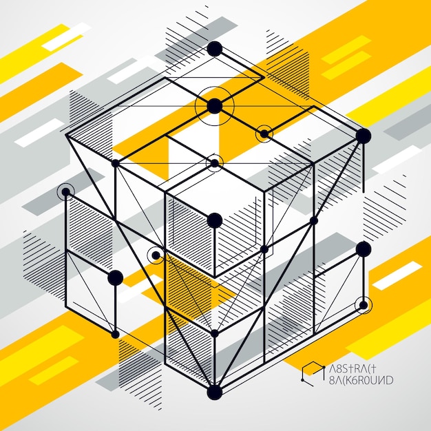 Dibujo amarillo vectorial de tecnología geométrica, papel tapiz técnico 3d. ilustración del sistema de ingeniería, telón de fondo tecnológico abstracto. antecedentes técnicos abstractos.