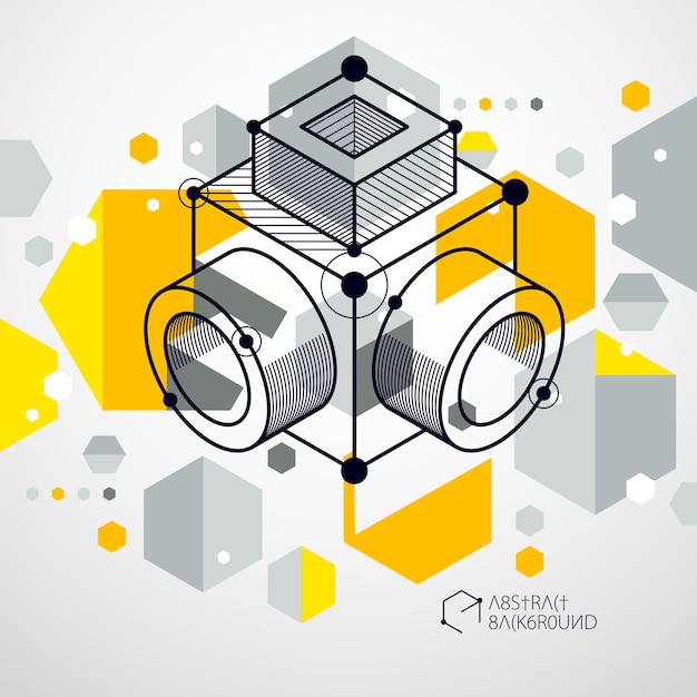 Dibujo amarillo vectorial de tecnología geométrica, papel tapiz técnico 3D. Ilustración del sistema de ingeniería, telón de fondo tecnológico abstracto. Antecedentes técnicos abstractos.