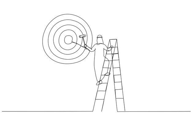 Vector dibujo de un ambicioso hombre de negocios árabe en una escalera usando un rodillo de pintura para pintar un gran objetivo de tiro con arco de diana estilo de arte de línea continua única