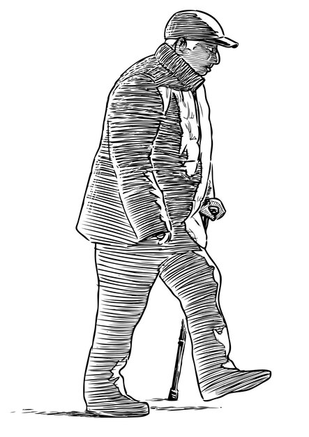 Dibujo de anciano con bastón caminando al aire libre