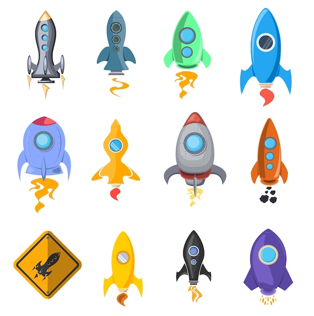 Un dibujo animado de cohetes y naves espaciales iconos vectoriales cohetes o naves espaciais para niños