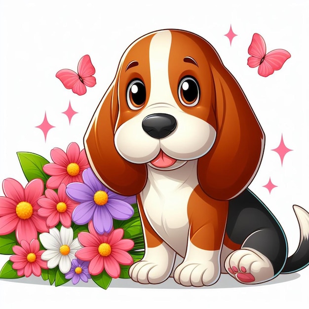 Vector el dibujo animado de cute basset dog de fondo blanco de estilo vectorial