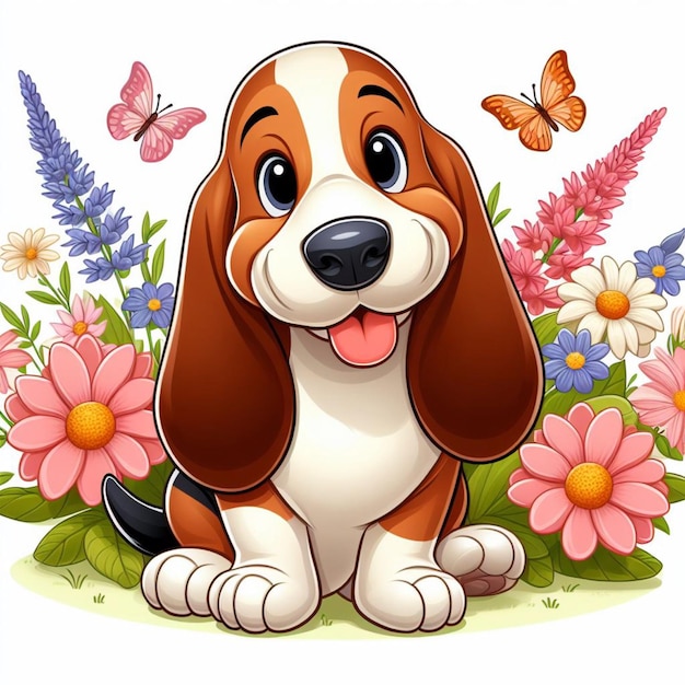 Vector el dibujo animado de cute basset dog de fondo blanco de estilo vectorial