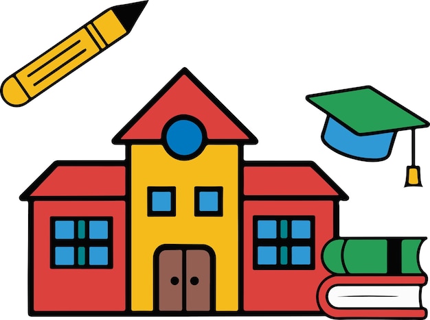 Un dibujo animado de un edificio escolar con un libro de lápices y una gorra de graduación
