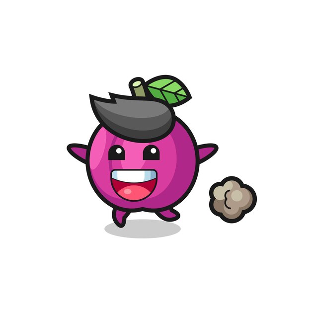El dibujo animado feliz de la fruta del ciruelo con el diseño lindo del estilo de la pose corriente para el elemento del logotipo de la etiqueta engomada de la camiseta