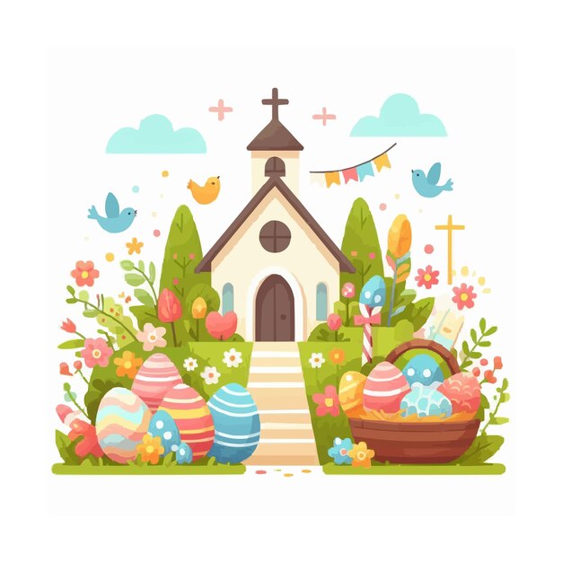 un dibujo animado de una iglesia con huevos y una canasta de huevos de Pascua