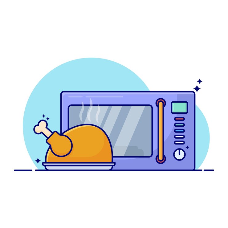 Vector un dibujo animado de un microondas con un pedazo de pollo en la parte superior