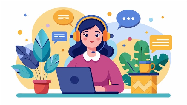 un dibujo animado de una mujer con auriculares y una computadora portátil con una imagen de dibujos animados de una mujer usando una computadora portable