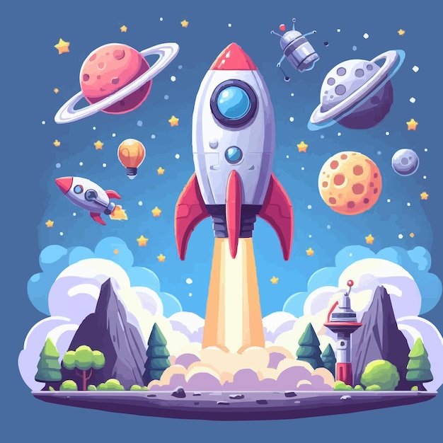 un dibujo animado de una nave espacial con planetas y estrellas