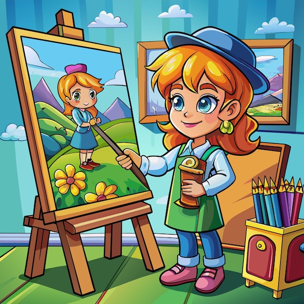 Vector un dibujo animado de una niña pintando con una foto de una chica delante de ella