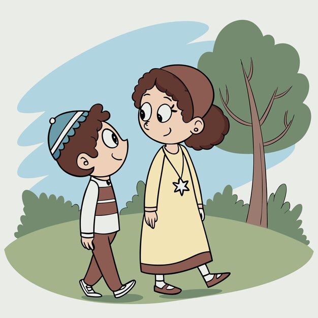 Un dibujo animado de una pareja caminando en un parque