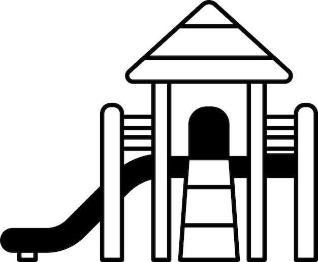 Un dibujo animado de un patio de recreo con un tobogán y una casa