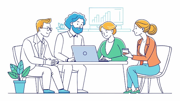 un dibujo animado de personas sentadas alrededor de una mesa con una computadora portátil y un hombre con una laptop