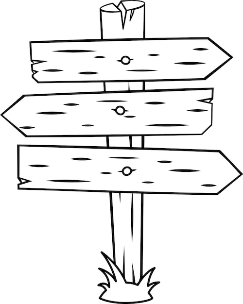 Dibujo animado de una señal de madera vacía con tres flechas que apuntan a la izquierda, a la derecha y hacia adelante ofreciendo múltiples opciones y decisiones