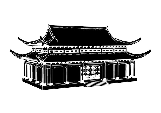 Dibujo de una antigua casa japonesa sobre un vector de fondo blanco
