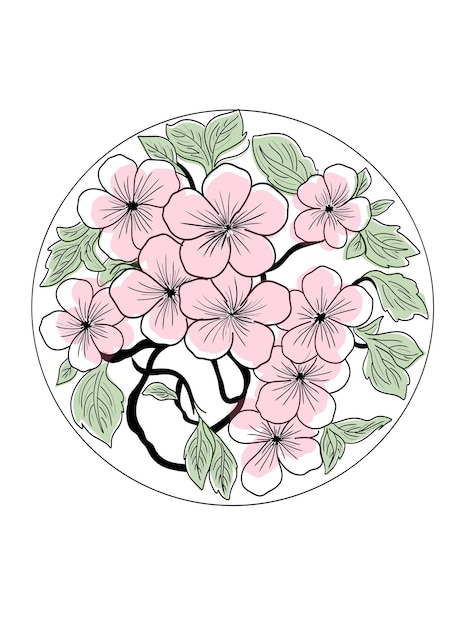 un dibujo de un árbol con flores rosas y hojas verdes