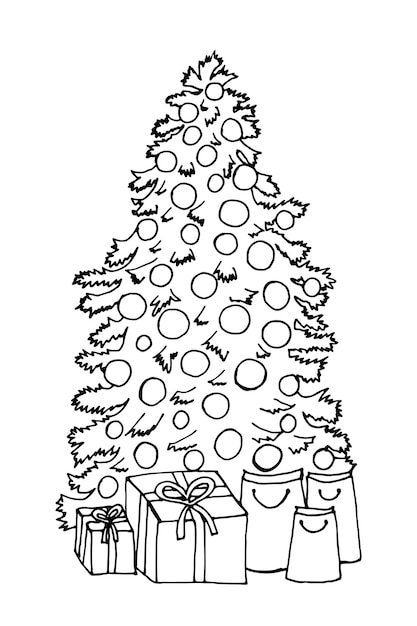 Dibujo de árbol de navidad para colorear libro de colorear para decorar el  árbol de navidad con cajas de regalo | Vector Premium