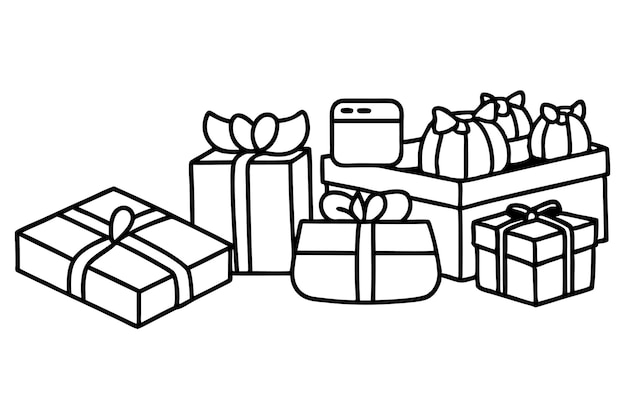un dibujo de un árbol de Navidad con un montón de regalos