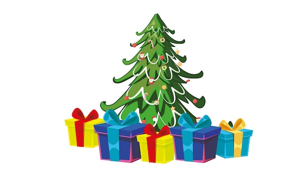 un dibujo de un árbol de Navidad con regalos en él