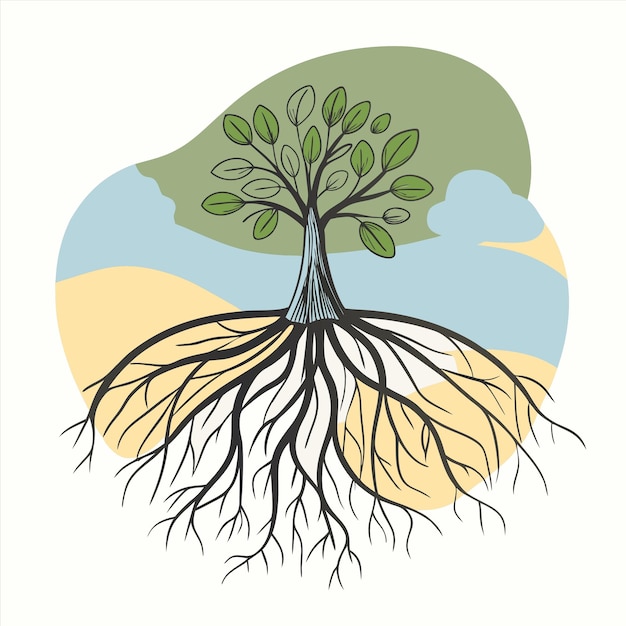un dibujo de un árbol con raíces que tiene raíces en él