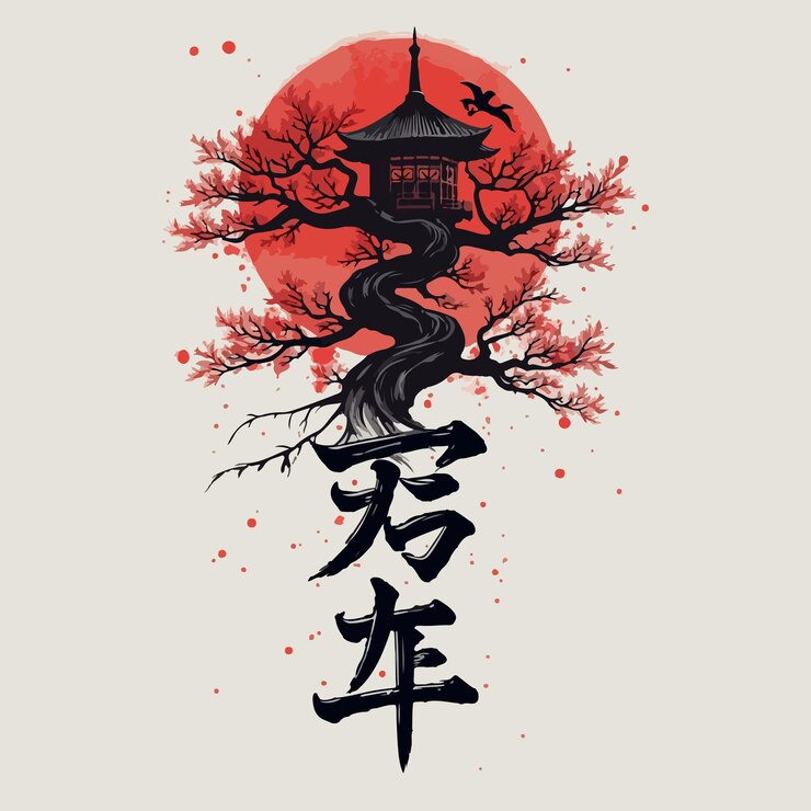 un dibujo de un árbol de tema japonés con una luna roja y un pájaro negro en él
