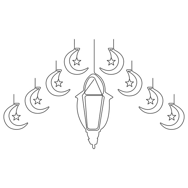 Dibujo de arte continuo de una línea de Ramadan kareem con linterna y vector de arte de contorno de estrella y luna