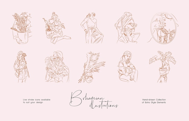 Dibujo de arte de línea bohemia diseño de arte de línea femenina
