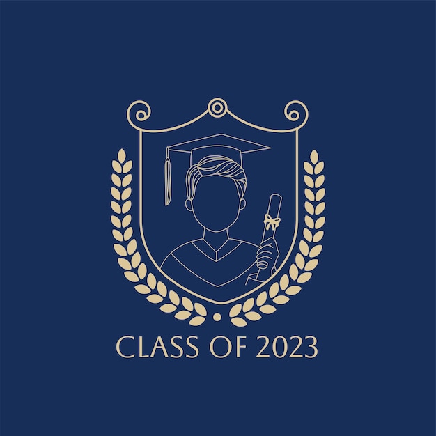 Vector dibujo de arte de línea de caracteres de la clase de graduación de 2023 con insignias