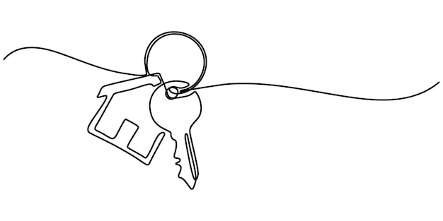 dibujo de arte de línea continua de una casa con una llave Conjunto de llaves contra fondo blanco Continuo
