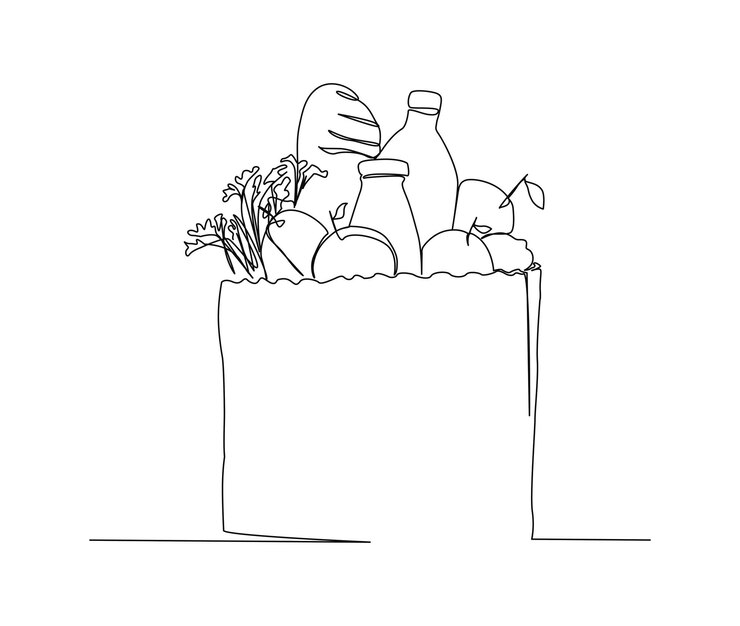 Vector dibujo de arte de línea continua de cesta de alimentos de comestibles frutas y pan en la bolsa de papel cesta de alimentos de comestibles dibujo de arte de una sola línea ilustración vectorial