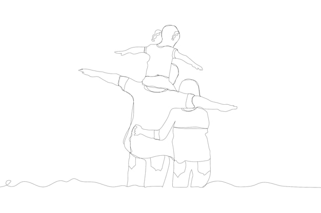 Dibujo de arte de línea continua Familia feliz divirtiéndose padre e hija en acción de avión volador